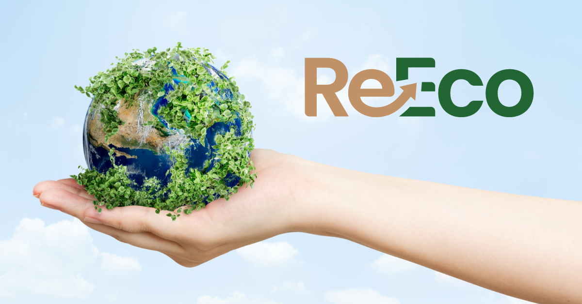 A hand holding a device signifying re-eco tech which i lighter on the planet and reduces e-waste