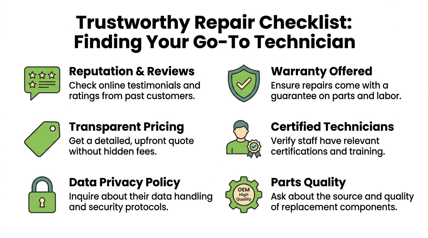 A checklist infographic titled Trustworthy Repair Checklist for finding a reliable and professional electronics technician.