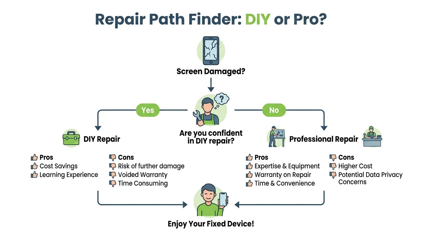 A flowchart comparing DIY and professional repair options for a damaged mobile phone screen.