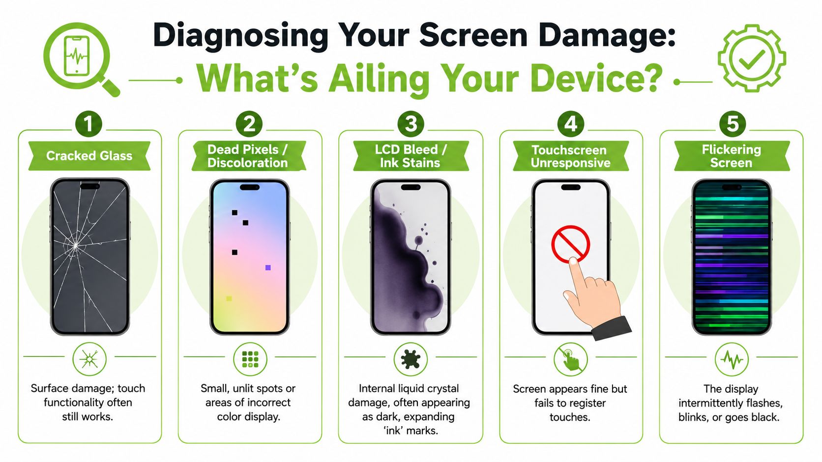 An infographic showing five common types of smartphone screen damage with descriptions for each condition.