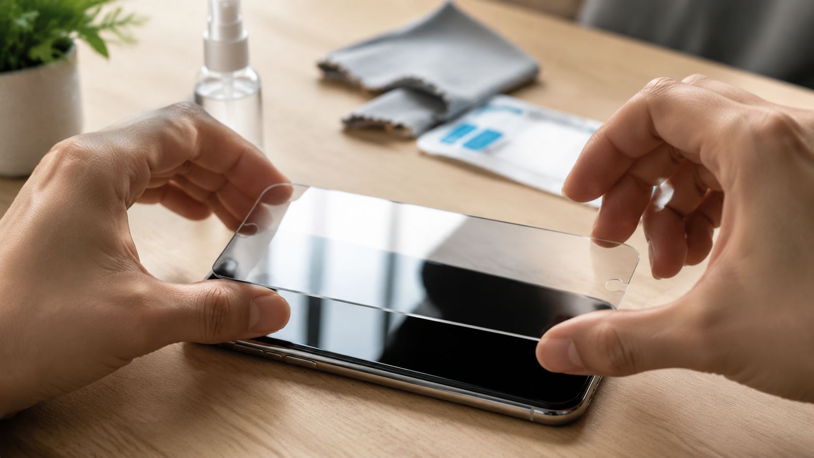 A person carefully applying a protective glass screen protector onto a smartphone screen on a wooden table.