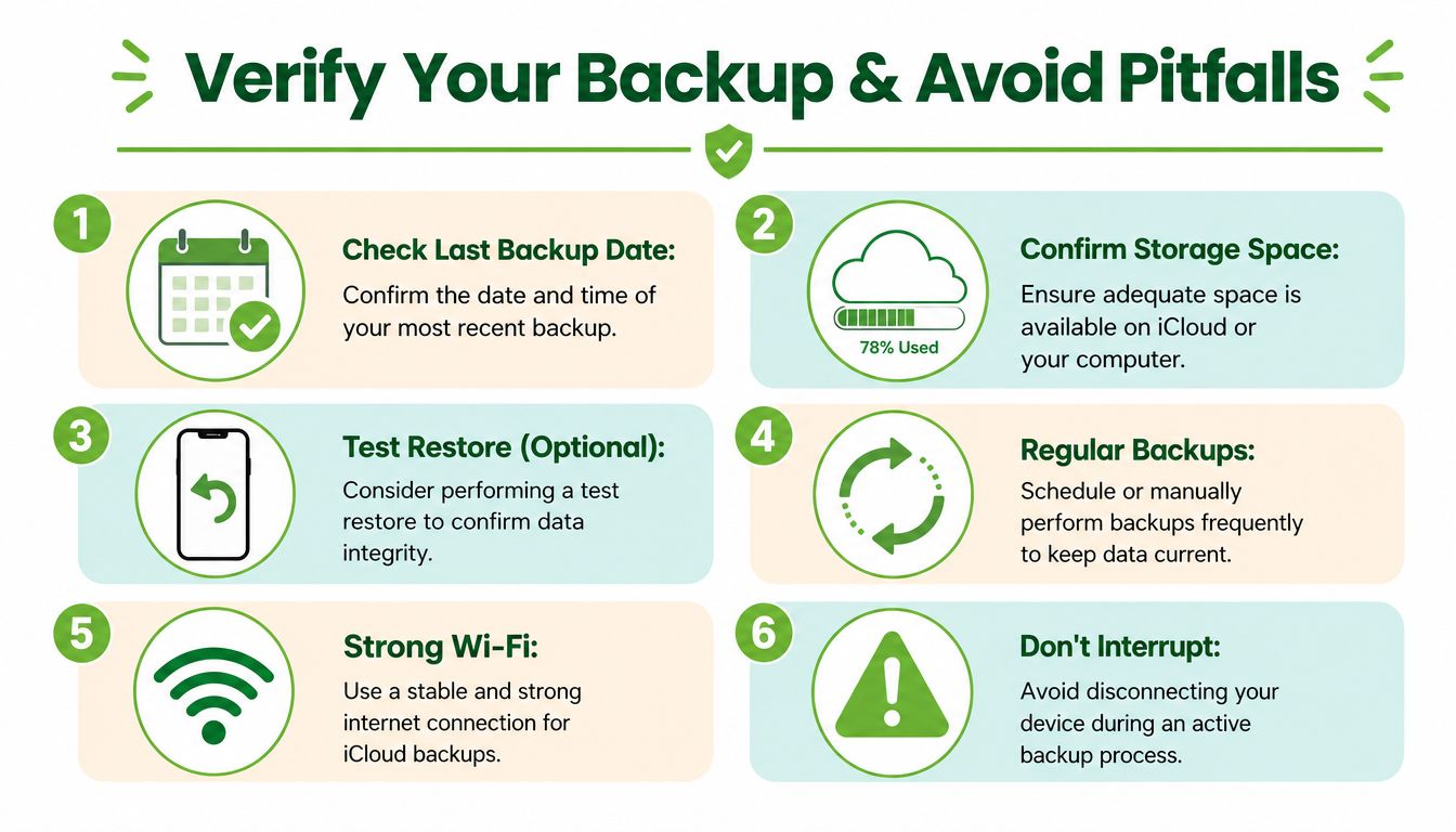 An infographic titled Verify Your Backup and Avoid Pitfalls, outlining six essential tips for backing up a smartphone.