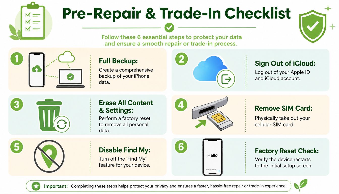 A six-step checklist titled Pre-Repair and Trade-In Checklist for preparing an iPhone for service or trade-in.