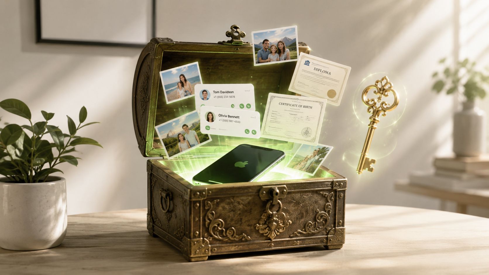 An ornate treasure chest glowing with green light, containing photos, documents, and an iPhone with a gold key.
