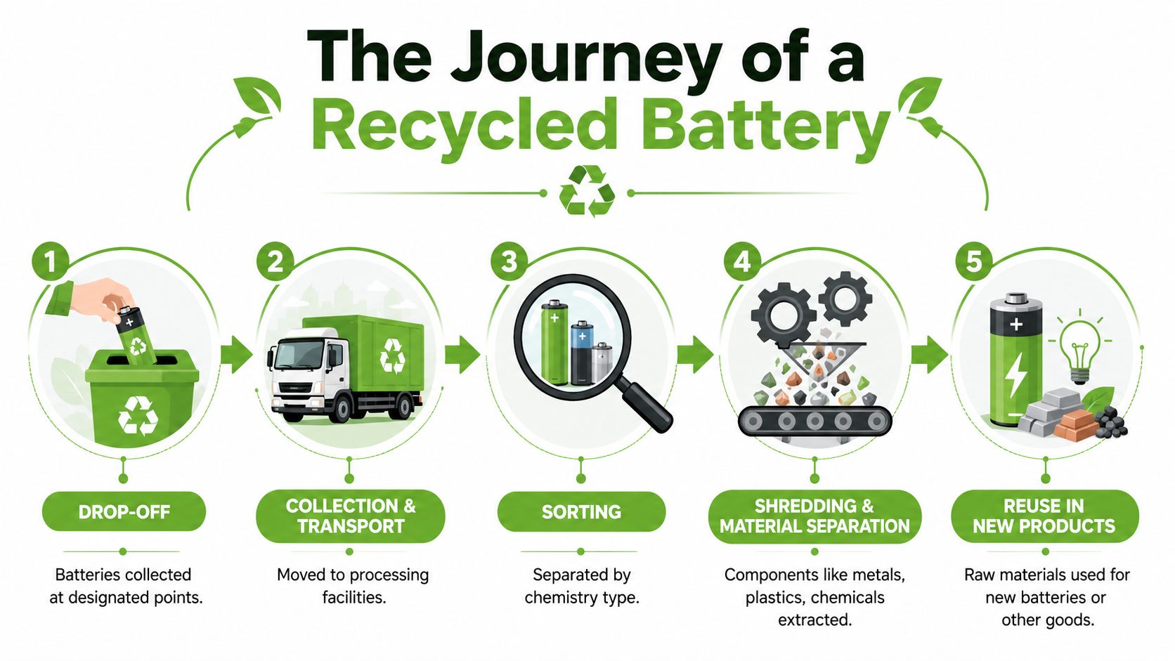 An infographic illustrating the five steps of the battery recycling process, from drop-off to reuse in new products.