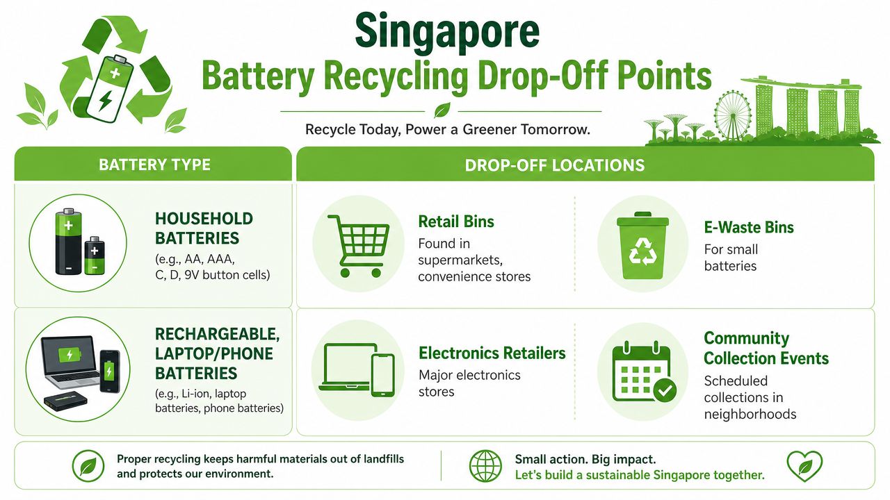 An infographic detailing battery types and drop-off locations for battery recycling programs in Singapore.