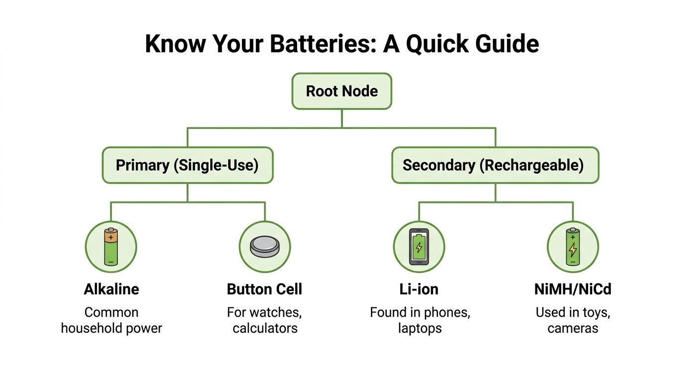 A diagram illustrating the categorization of battery types into primary single-use and secondary rechargeable batteries.
