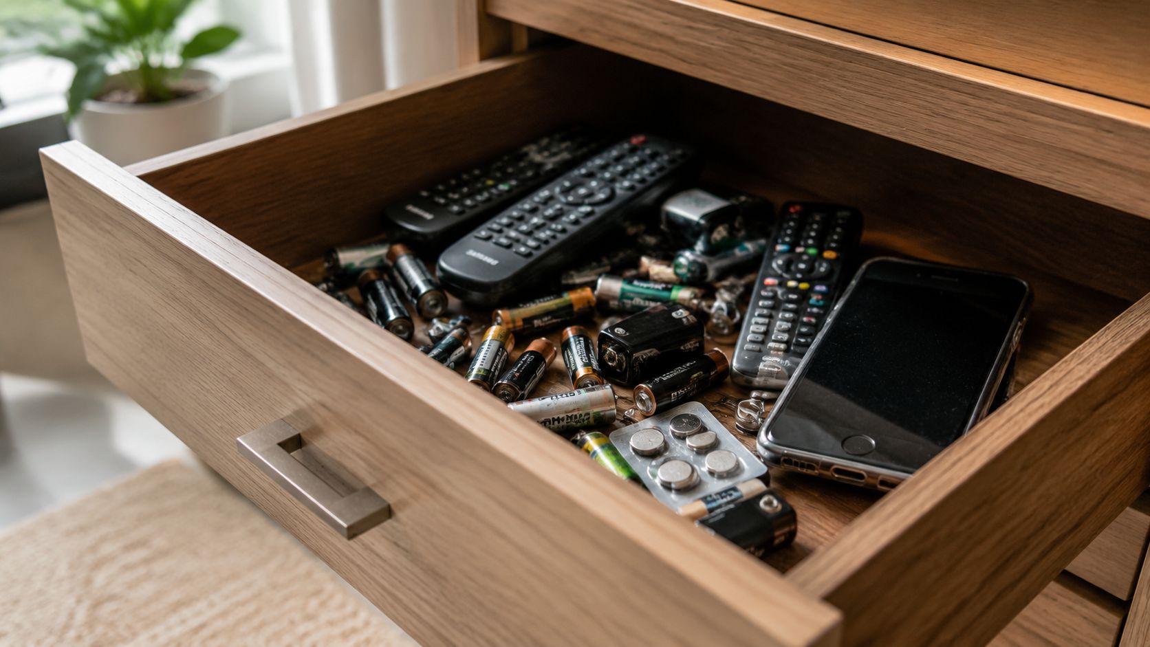 A wooden junk drawer filled with loose batteries, multiple television remote controls, and a smartphone.