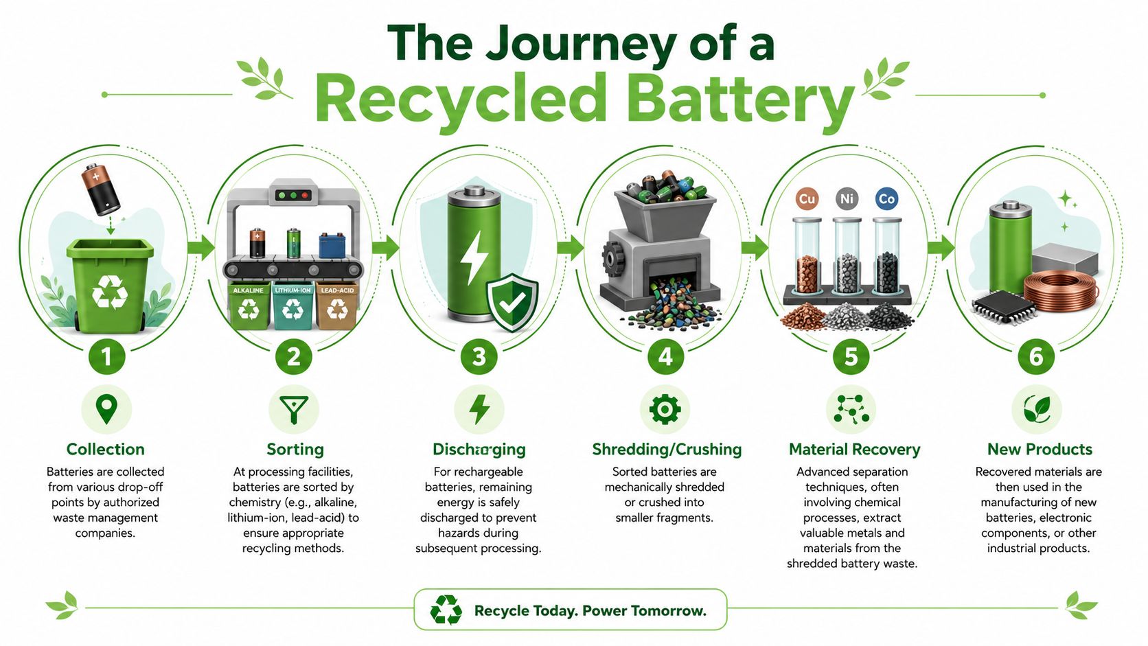 A six-step infographic illustrating the process of battery recycling, from collection to manufacturing new products.