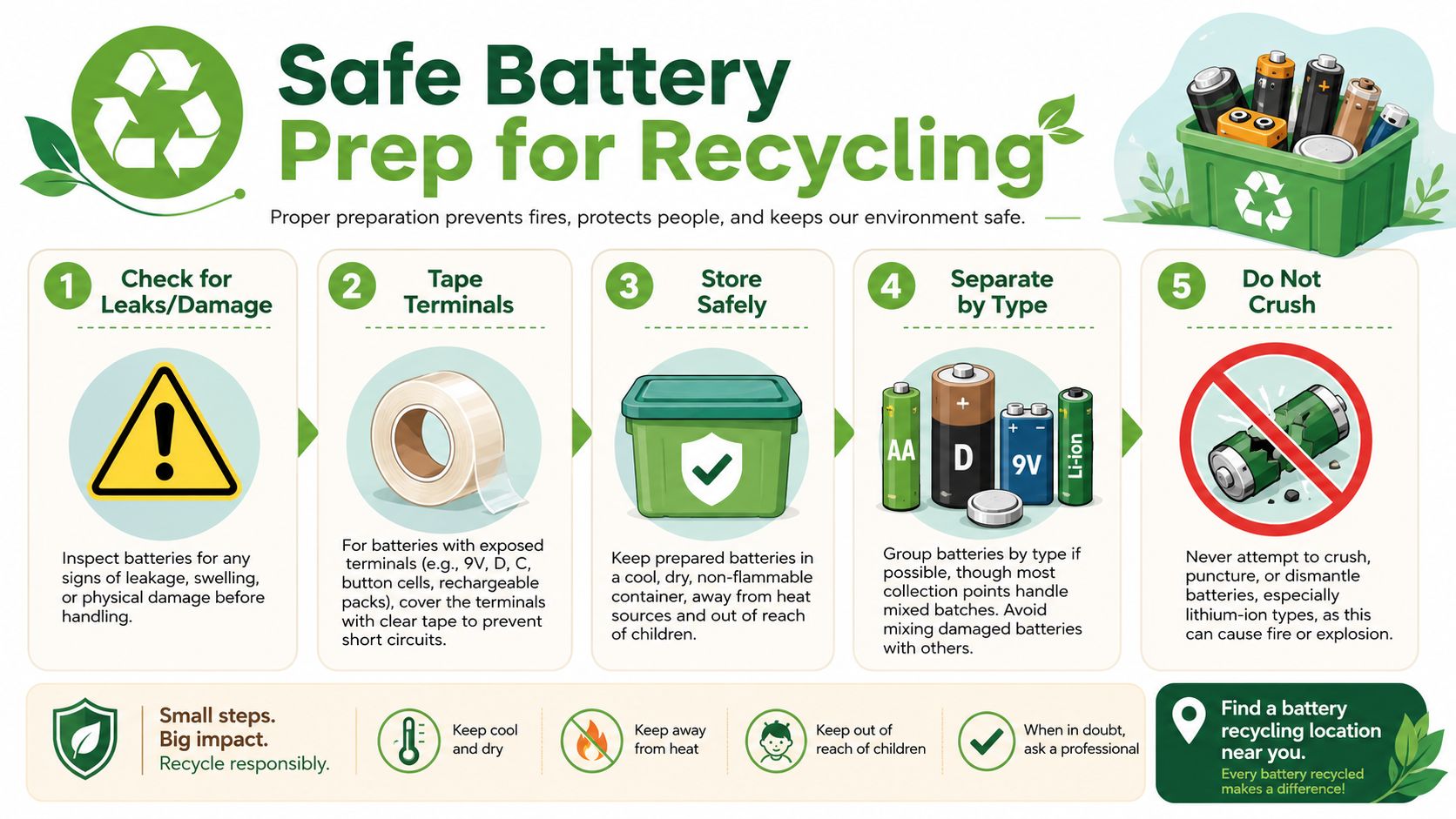 An infographic illustrating five steps for safely preparing batteries for recycling to prevent fires and hazards.