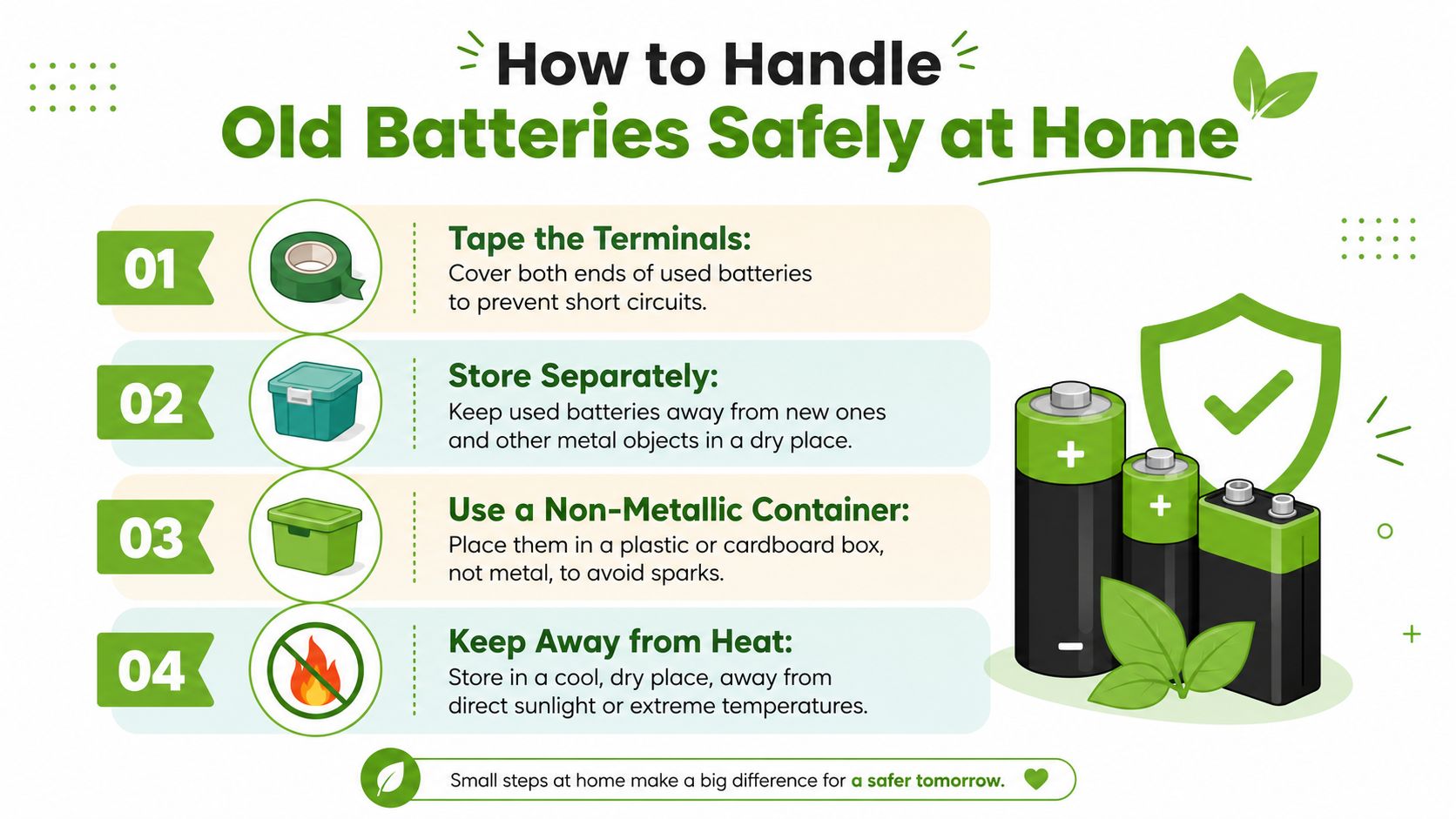 A safety infographic illustrating four steps to safely handle, store, and dispose of used batteries at home.
