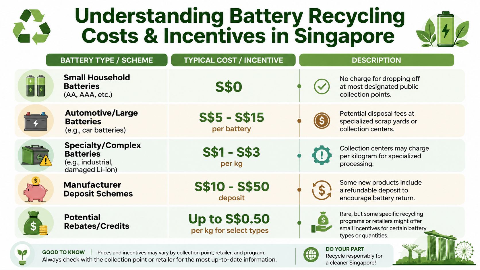 A chart detailing various battery recycling costs and incentives available for different battery types in Singapore.