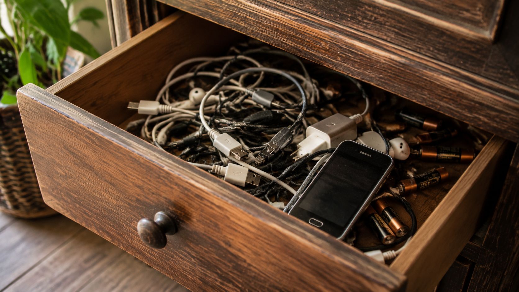 A messy wooden drawer filled with tangled electronic cables, a smartphone, and various used batteries.