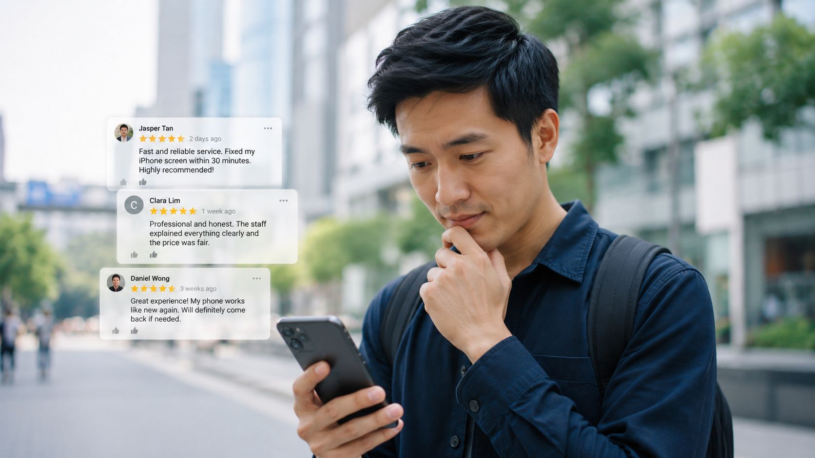 A young man looking at his smartphone while positive customer service reviews float in the background.
