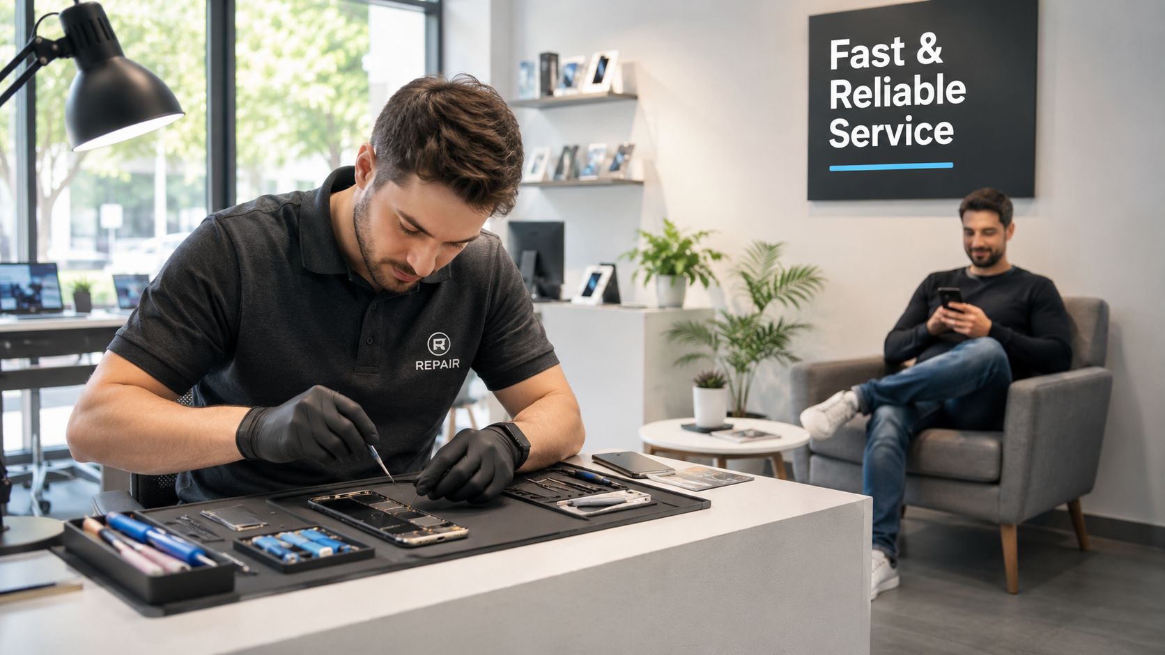 A professional technician wearing black gloves repairing a smartphone at a repair shop with a customer waiting.