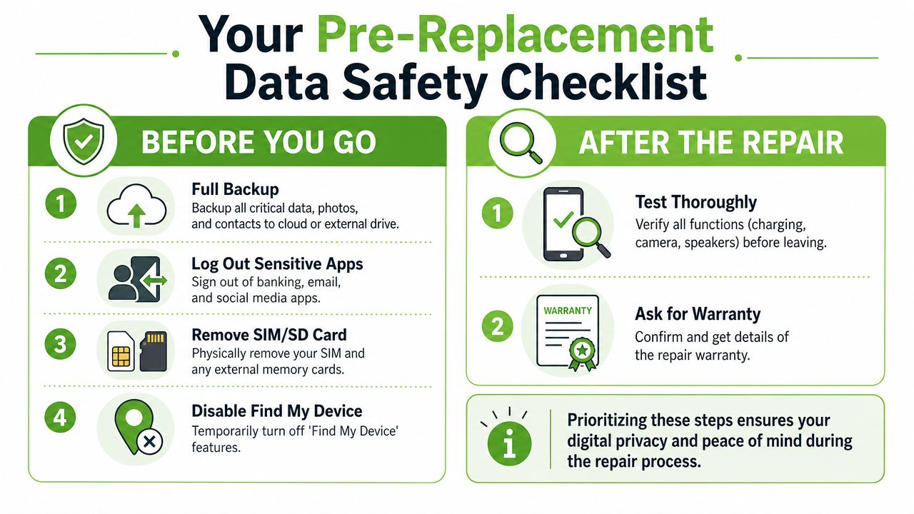 A data safety checklist for smartphone repair showing steps to take before and after the service.