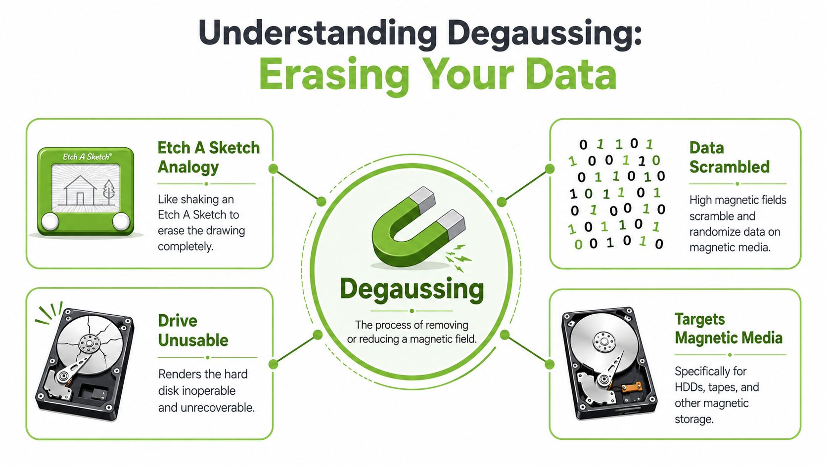 An infographic explaining degaussing as a method to permanently erase data from magnetic storage devices.