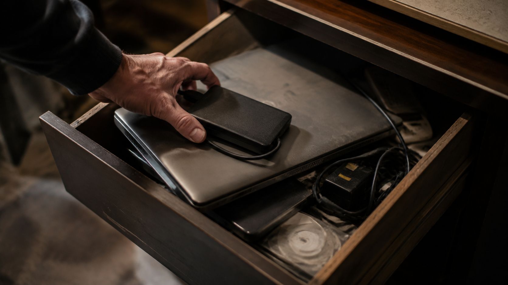 A hand reaching into a wooden drawer to retrieve a portable external hard drive resting on a laptop.