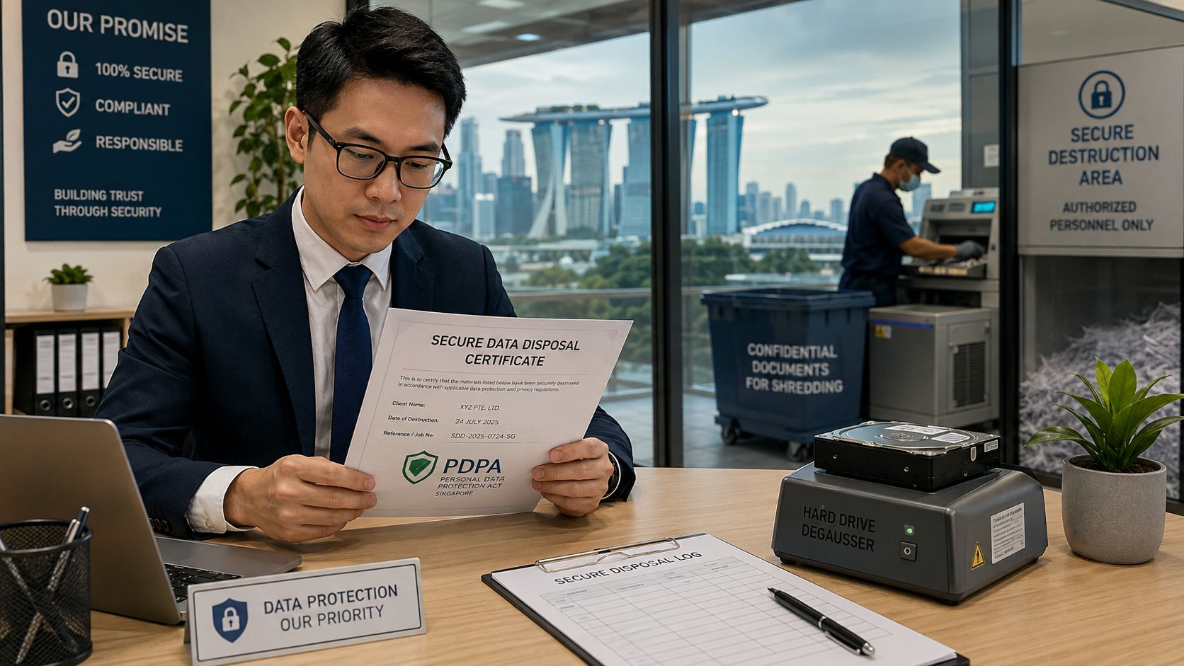 A professional holding a secure data disposal certificate next to a hard drive degausser in an office.