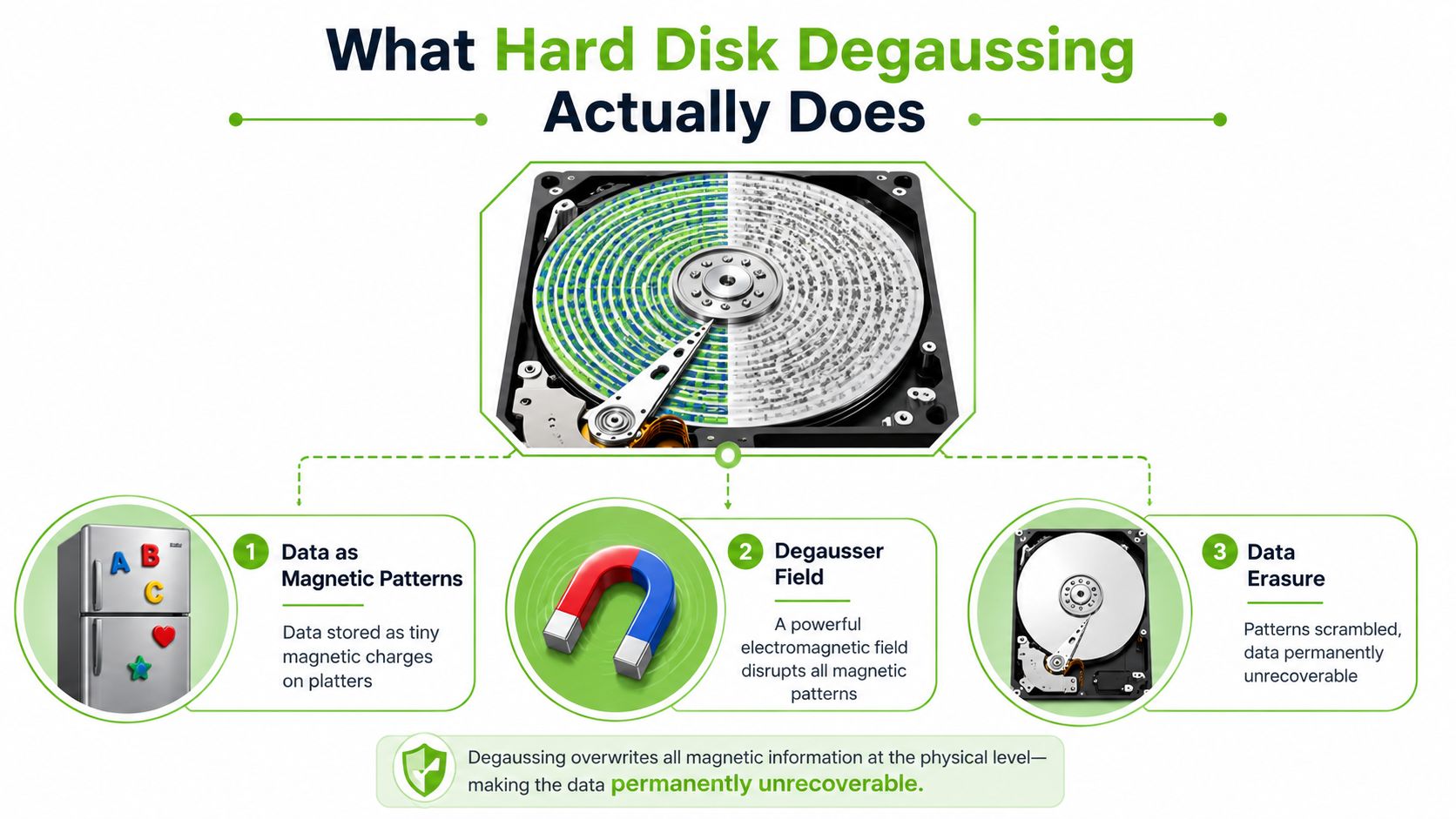 A diagram explaining how hard disk degaussing uses magnetic fields to permanently erase data from storage platters.