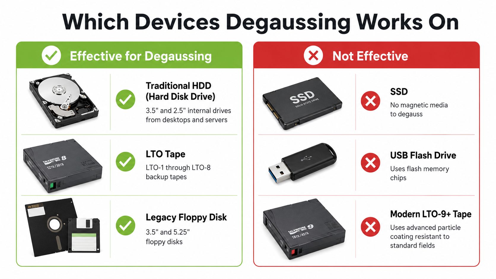 A comparison chart showing which storage devices can be effectively cleared by degaussing and which cannot.