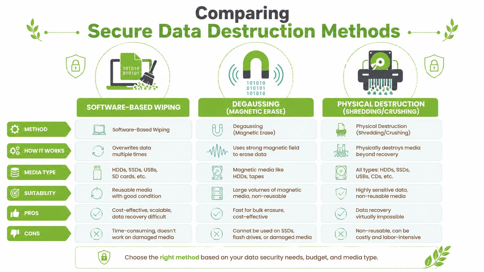 An infographic comparing software-based wiping, degaussing, and physical destruction methods for secure data sanitization of storage media.