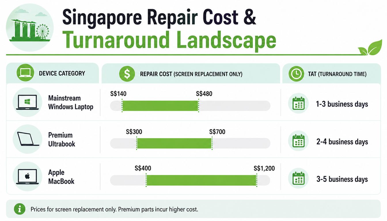 A table comparing repair costs and turnaround times for laptop screen replacements in Singapore across three categories.