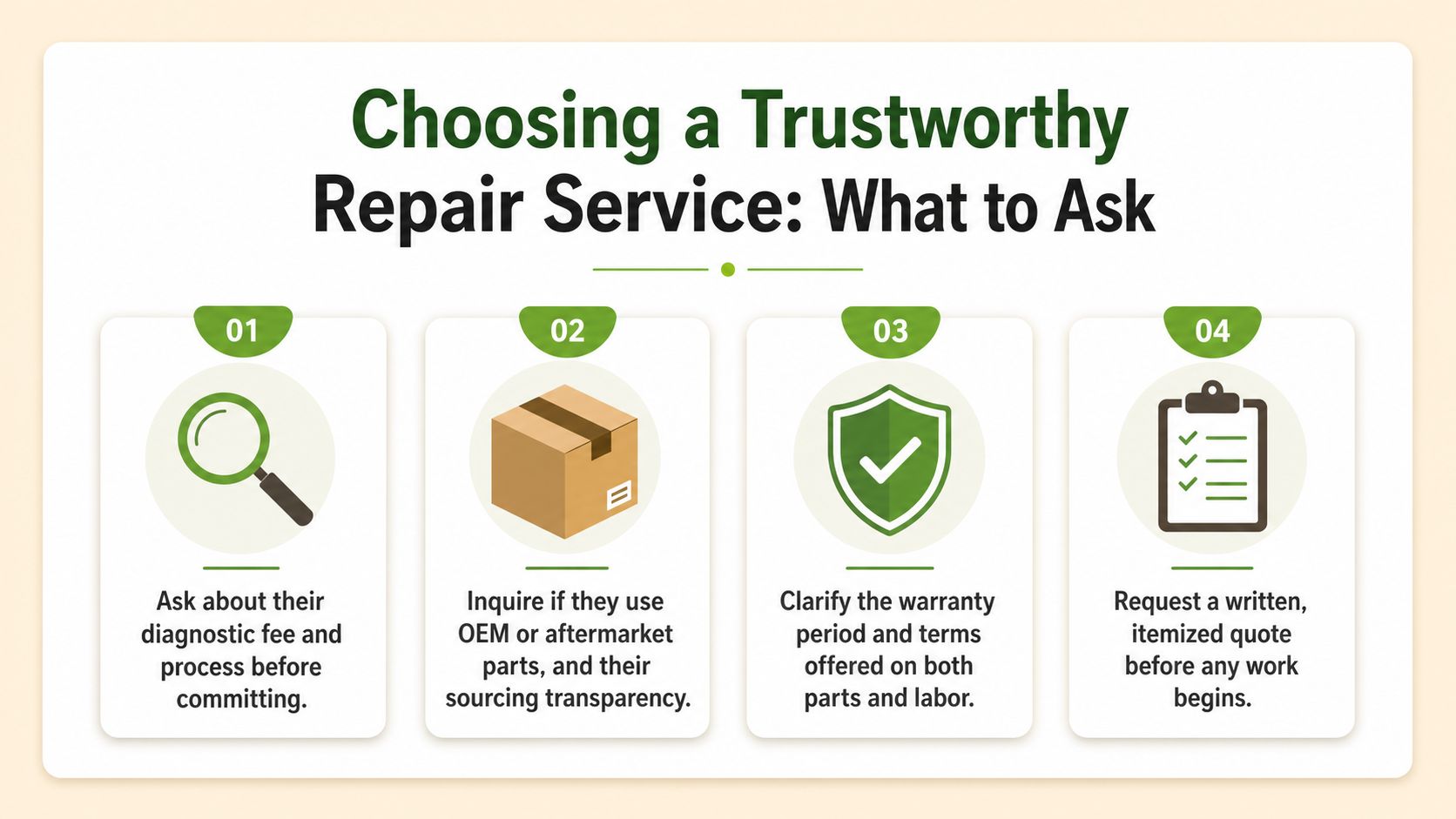An infographic titled Choosing a Trustworthy Repair Service with four tips for customers to follow.