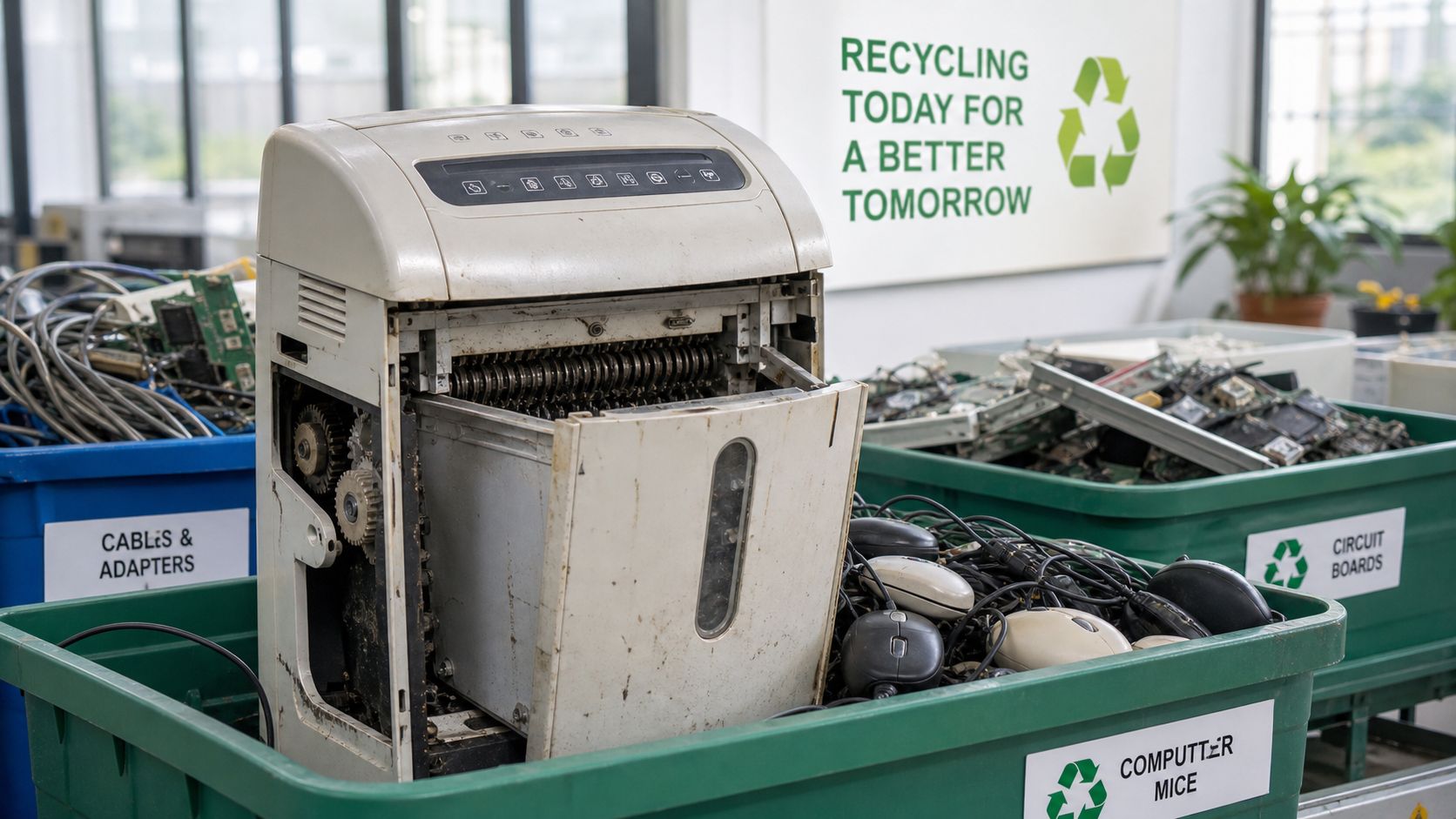 A paper shredder placed inside a bin filled with old computer mice in a recycling center.