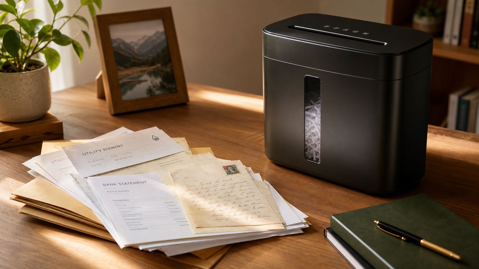 A modern black paper shredder sitting on a wooden office desk next to stacks of paper documents.