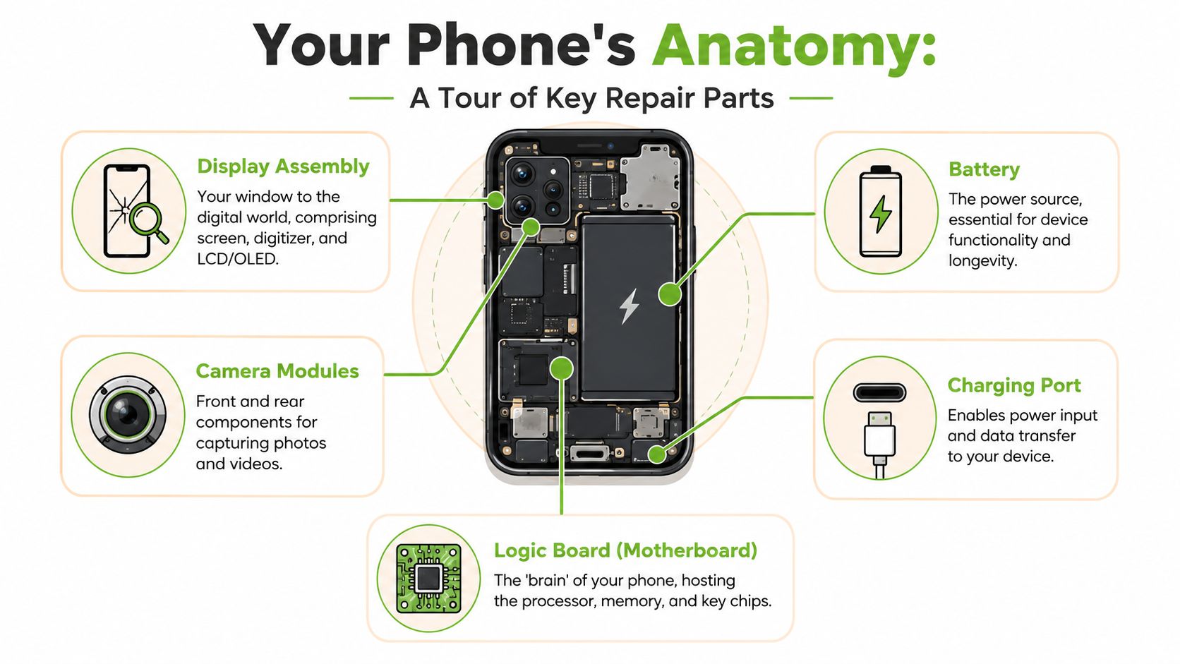 An infographic diagram labeled Your Phone's Anatomy displaying key internal repair components like battery, camera, and motherboard.