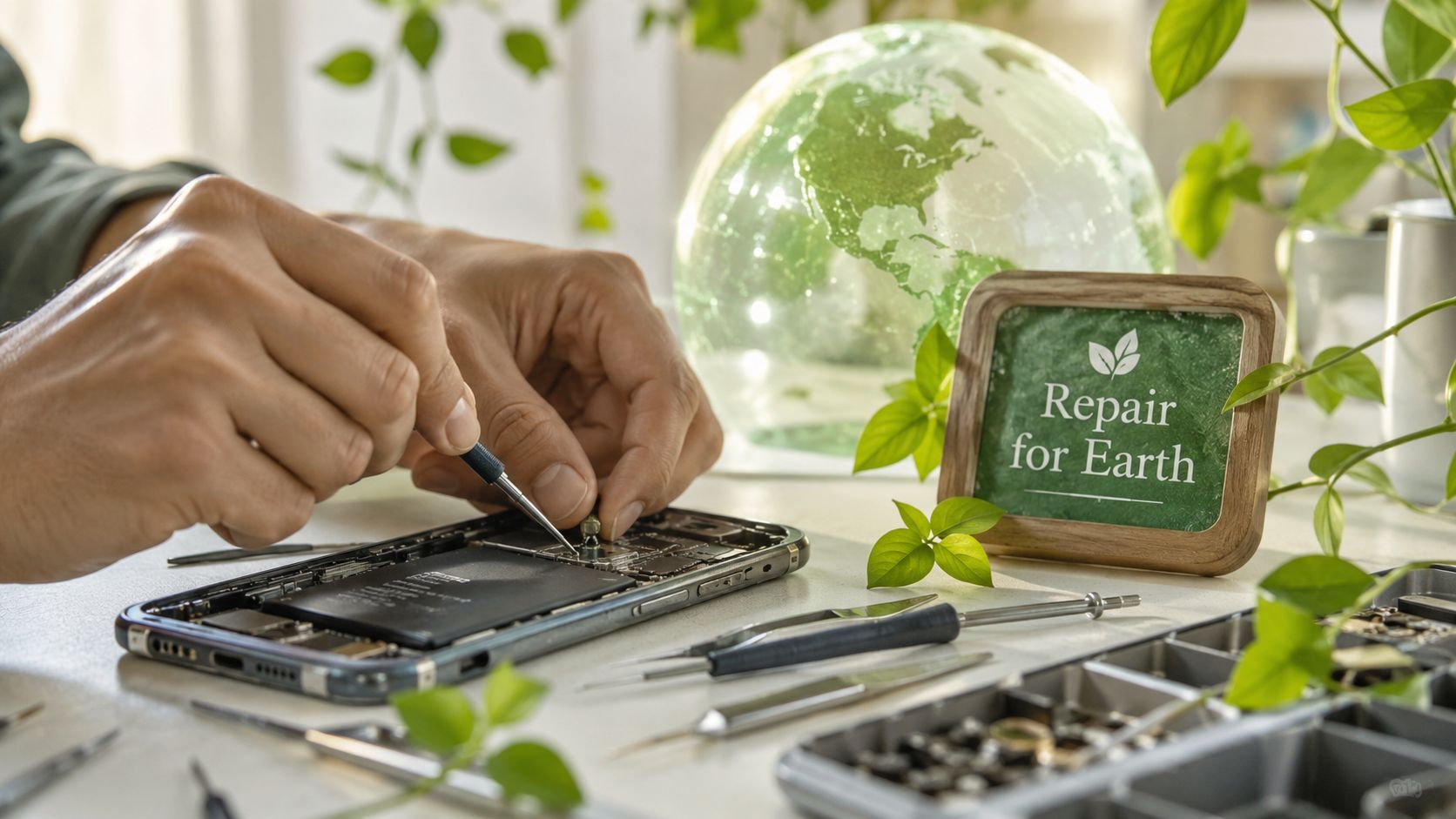 A person uses precision tools to repair a mobile phone motherboard with a green earth-themed sign nearby.
