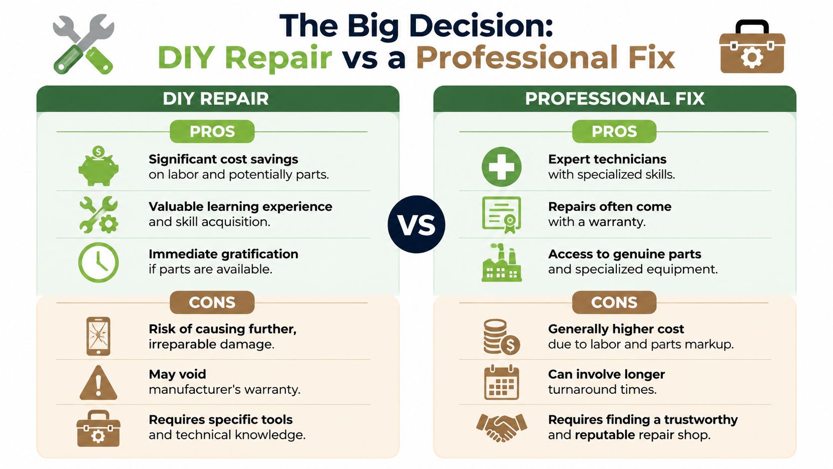 A comparison infographic showing the pros and cons of DIY repair versus hiring a professional repair service.