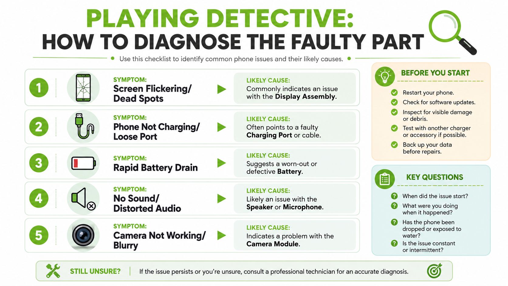 A diagnostic checklist infographic for identifying common smartphone hardware issues and their potential faulty parts.