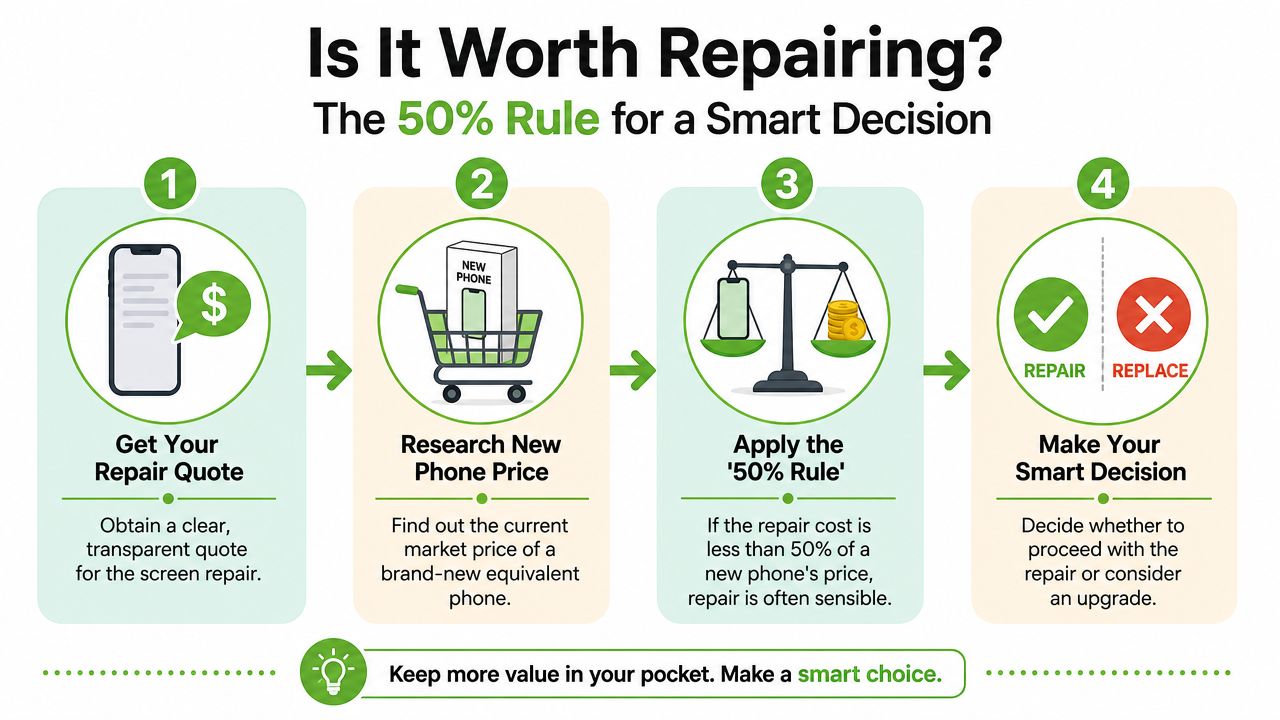 A four-step infographic explaining the 50% rule to decide between phone screen repair and buying a new device.