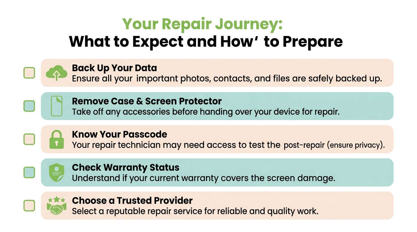 A repair checklist infographic detailing steps to prepare a mobile device for professional screen repair services.
