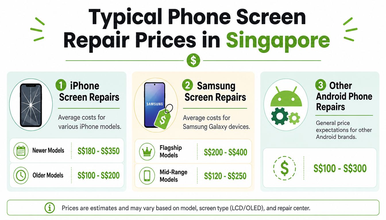 A visual guide illustrating typical phone screen repair price ranges for iPhone, Samsung, and other Android devices in Singapore.