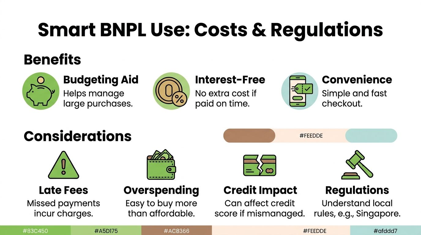 An infographic titled Smart BNPL Use outlining the benefits and considerations of buy now pay later services.