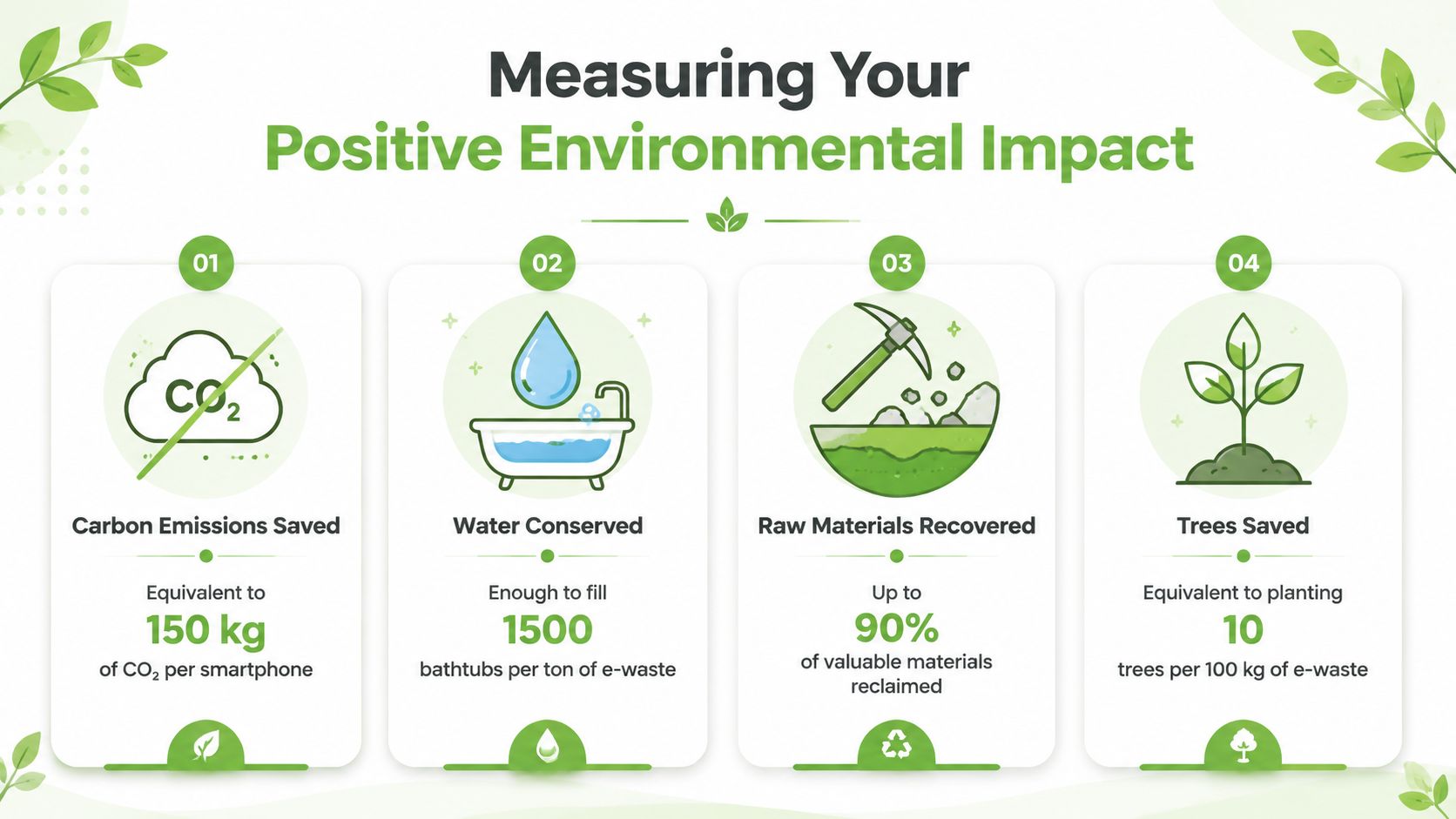 An infographic illustrating positive environmental impacts including carbon emissions saved, water conserved, raw materials recovered, and trees saved.