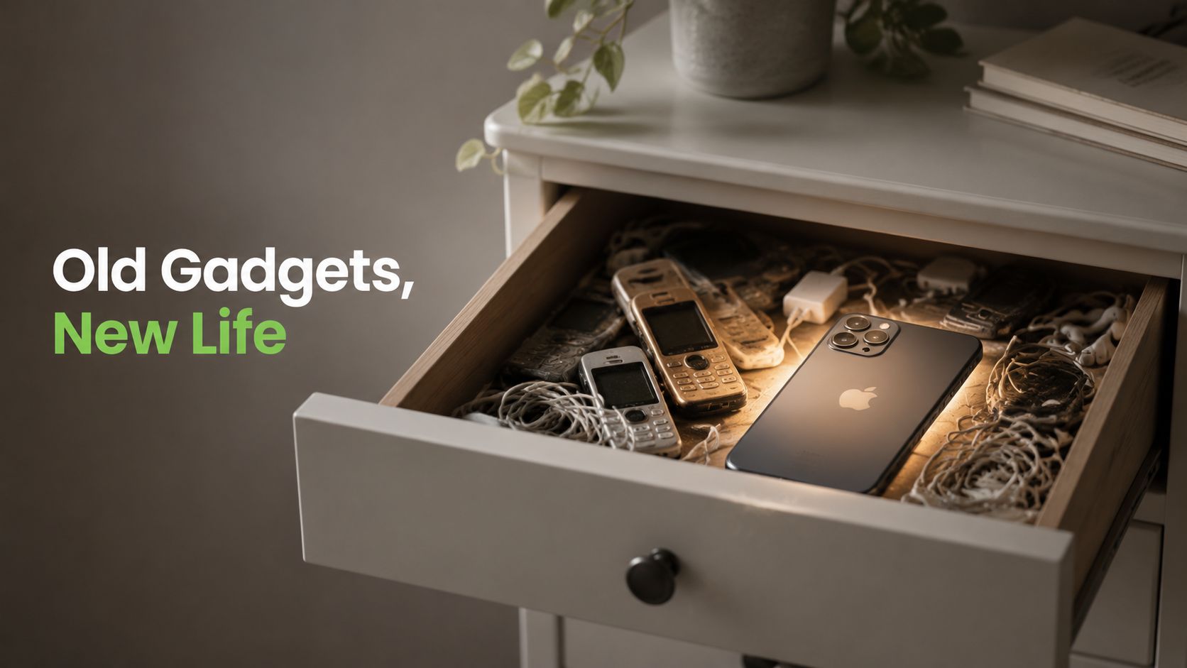 A modern smartphone glowing inside a cluttered drawer filled with vintage mobile phones and charging cables.