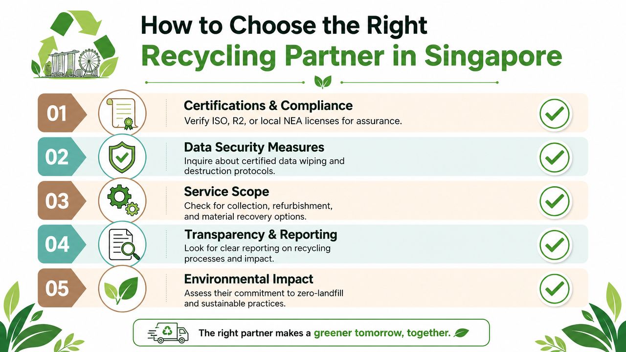 An infographic titled How to Choose the Right Recycling Partner in Singapore outlining five essential selection criteria.