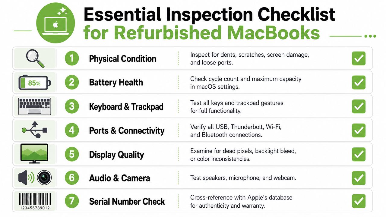 A seven-step essential inspection checklist for verifying the quality and functionality of refurbished Apple MacBooks.
