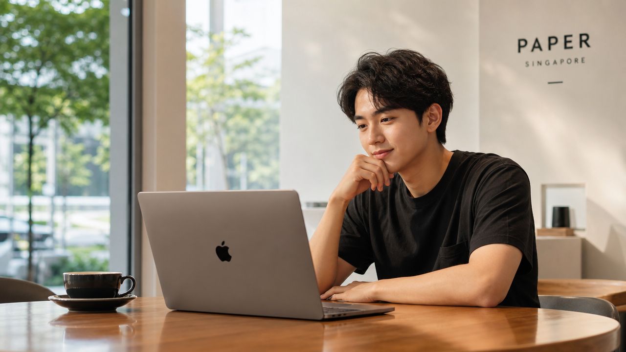 A young man sitting at a wooden table in a cafe, working on an Apple MacBook laptop.