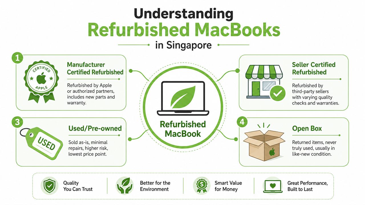 An infographic showing four types of refurbished MacBooks available in Singapore, categorized by source and condition.