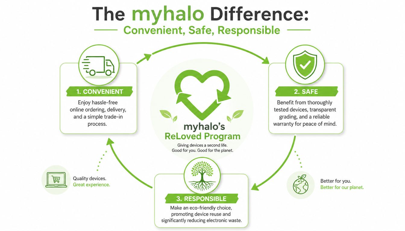 A diagram showcasing myhalo's ReLoved Program for convenient, safe, and responsible device reuse and recycling benefits.