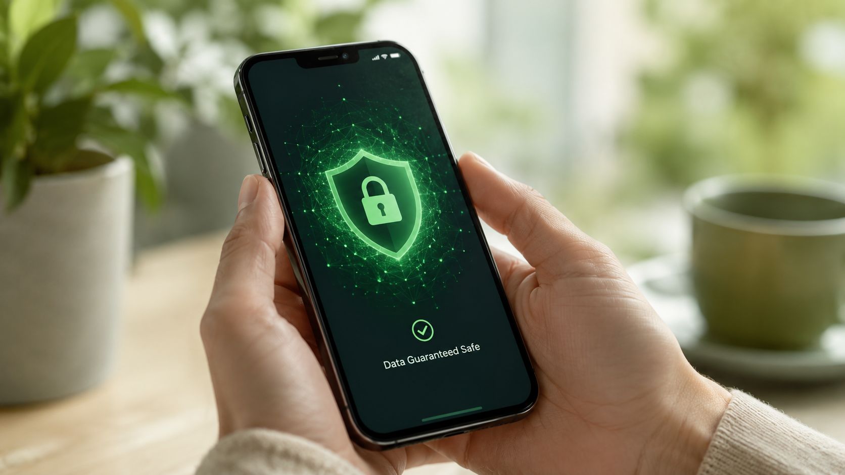 A pair of hands holding a smartphone displaying a secure shield icon and data protection status.