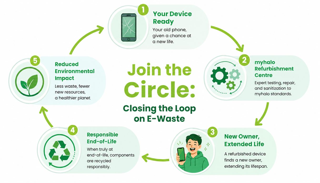A circular infographic process showing the eco-friendly lifecycle of refurbished mobile phones from collection to recycling.
