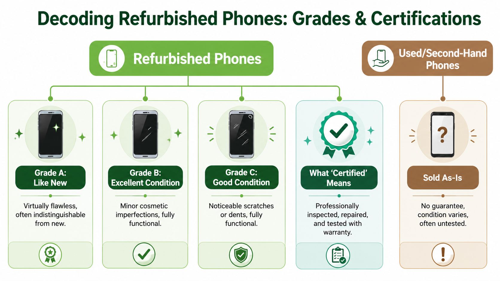 A chart explaining grades for refurbished phones including Grade A, B, C, certified, and second-hand options.