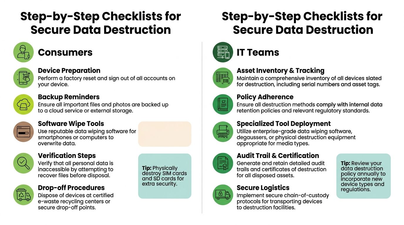 A checklist infographic outlining step-by-step procedures for secure data destruction for consumers and IT professional teams.