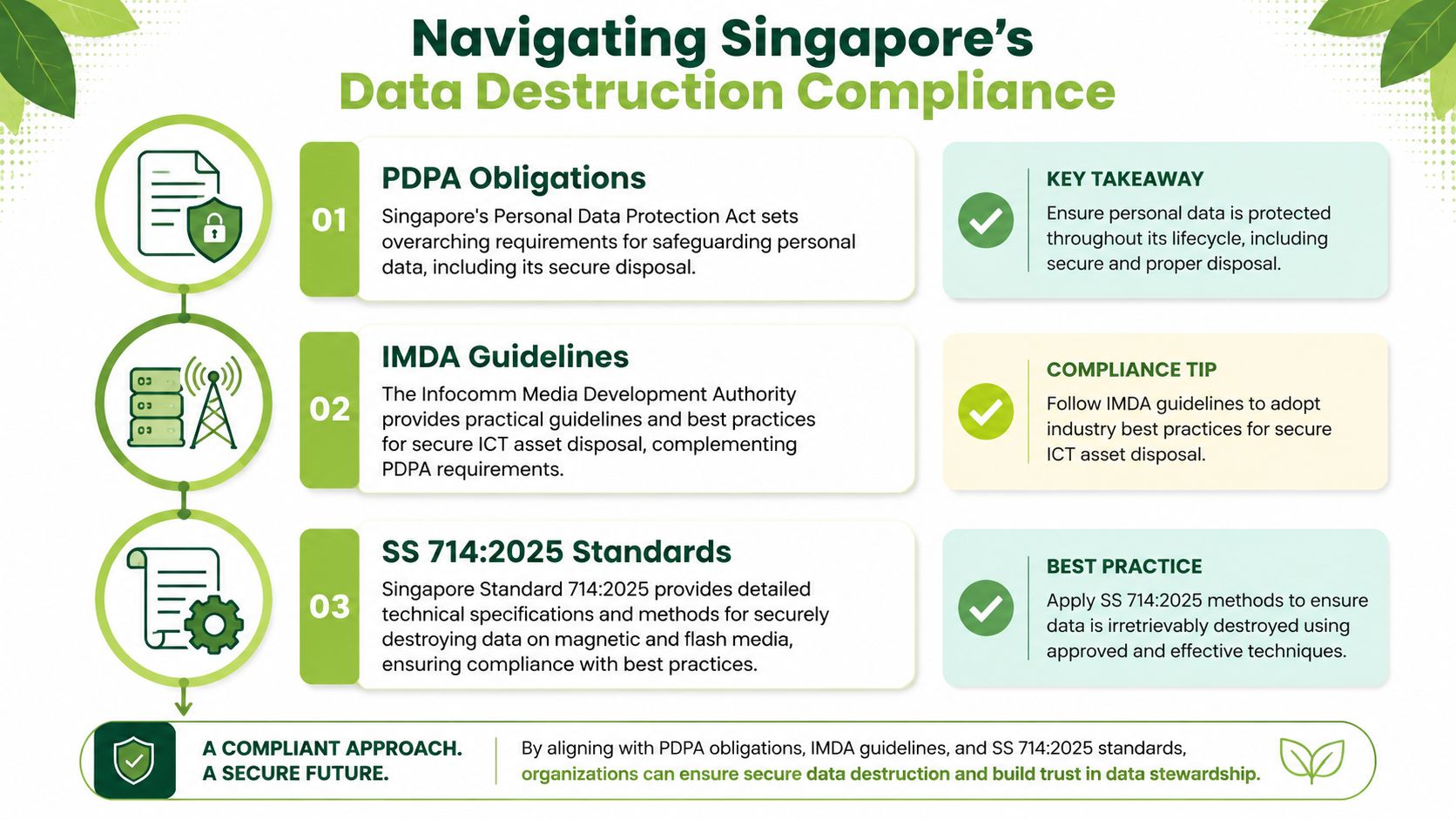 An infographic titled Navigating Singapore's Data Destruction Compliance outlining PDPA obligations, IMDA guidelines, and SS 714:2025 standards.
